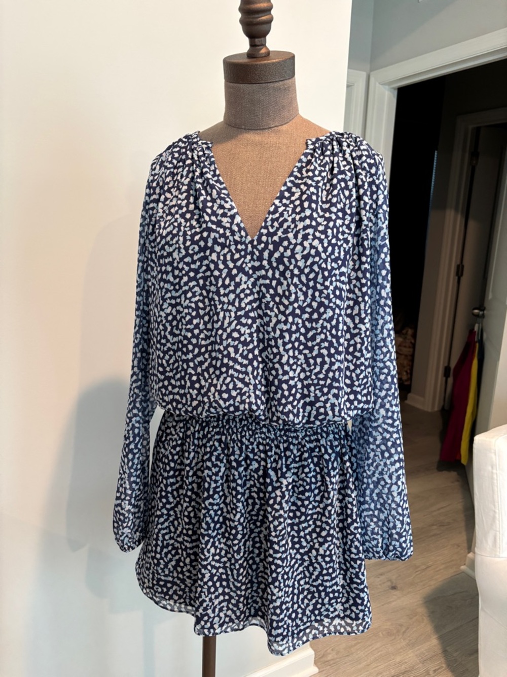 Ramy Brook Navy and White Printed V-Neck Long Sleeve Dress